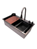 Tarja Doble CNX TS7545-2N de Acero Inoxidable 80x45 cm con Escurridor Izquierdo, Mezcladora Cuello Pull, Dispensador, Limpia Vasos y Más – Empotrable Negro Mate