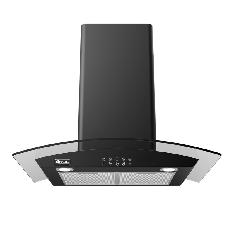 Combo Parrilla Empotrable 5 Quemadores Bitono Vidrio Negro y Campana Extractora 90 cm Vidrio Curvo Negro Mate AROL Modelos P-CN5Q87 y C-BL2F90
