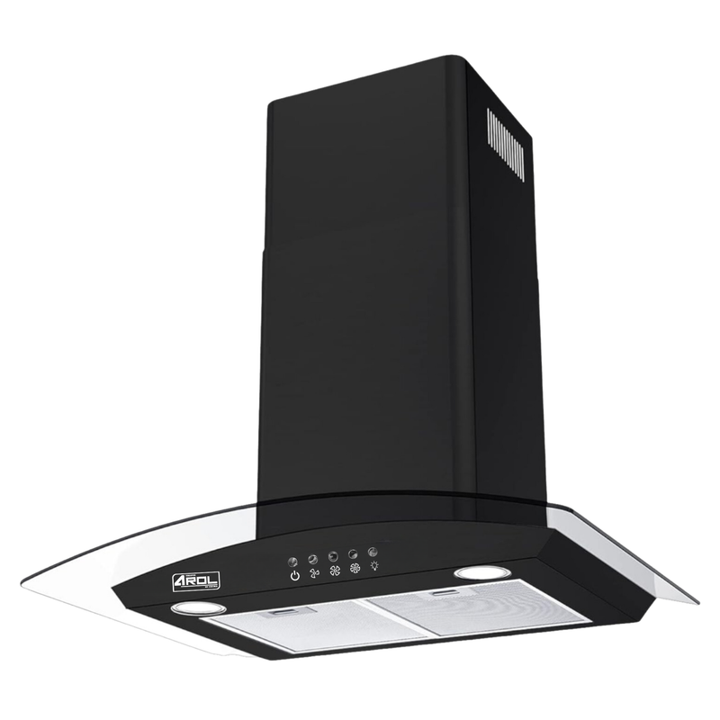 Combo Parrilla Empotrable 5 Quemadores Bitono Vidrio Negro y Campana Extractora 90 cm Vidrio Curvo Negro Mate AROL Modelos P-CN5Q87 y C-BL2F90