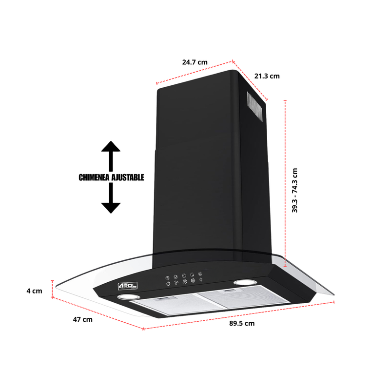 Combo Parrilla Empotrable 5 Quemadores Bitono Vidrio Negro y Campana Extractora 90 cm Vidrio Curvo Negro Mate AROL Modelos P-CN5Q87 y C-BL2F90