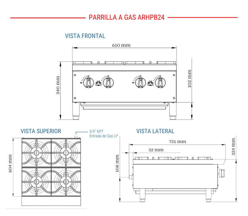 Parrilla 4 Quemadores 24" Gas LP Modelo ARHPB24 AROL