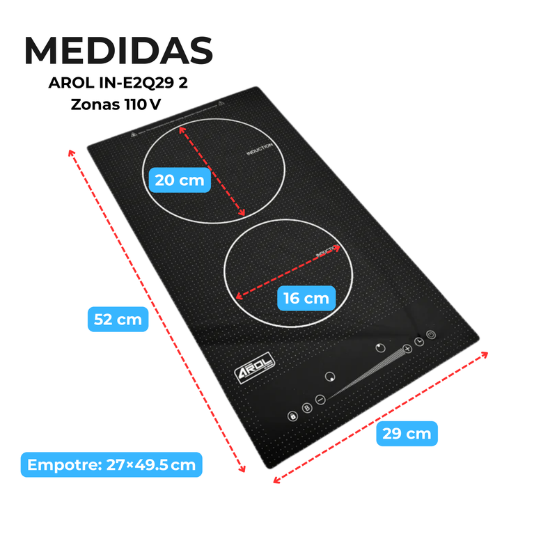 Parrilla de Inducción de 2 Zonas, 29cm, 110V, Empotrable, AROL IN-E2Q29