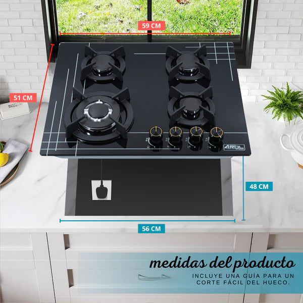 Combo Parrilla Gas + Inducción Y Campana Pared Negra 90 cm AROL | Vidrio Templado | 4 Quemadores + 2 Zonas