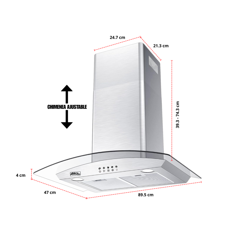 Campana Extractora 90 cm Vidrio, Acero Inoxidable, Pared C-AC2F90