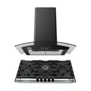 Combo Parrilla Empotrable 5 Quemadores Bitono Vidrio Negro y Campana Extractora 90 cm Vidrio Curvo Negro Mate AROL Modelos P-CN5Q87 y C-BL2F90
