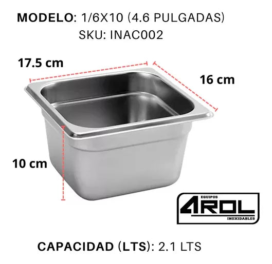 Insertos AROL 1/6x10 cm con Tapas, Acero Inoxidable, Certificación NSF, Set de 6 Pzs