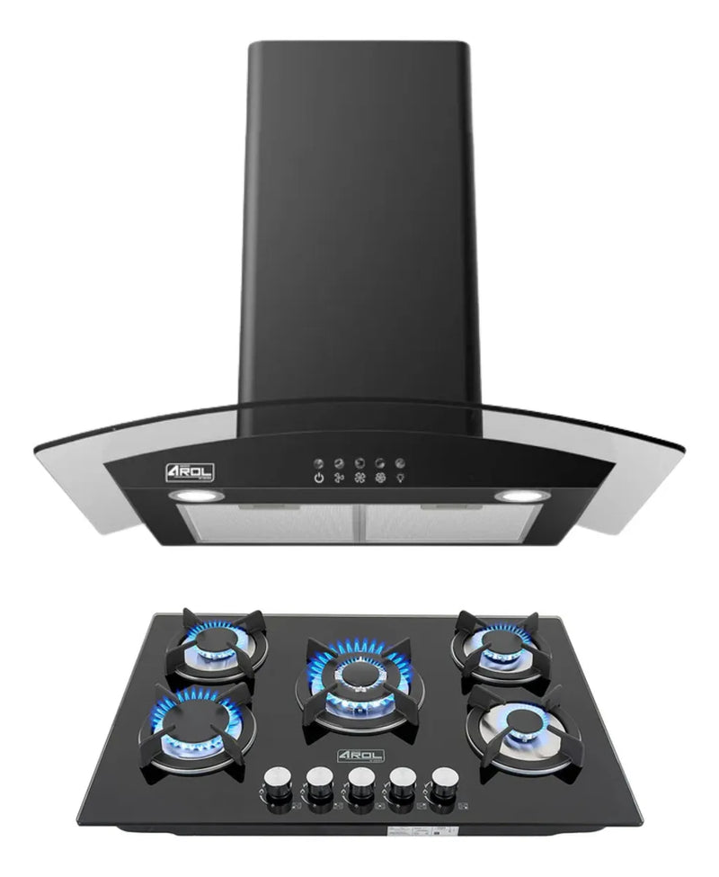 Combo Parrilla Y Campana Vidrio 77 Cm Pared Acero/negro Arol Color Negro P-cn5q77 Y Peonia