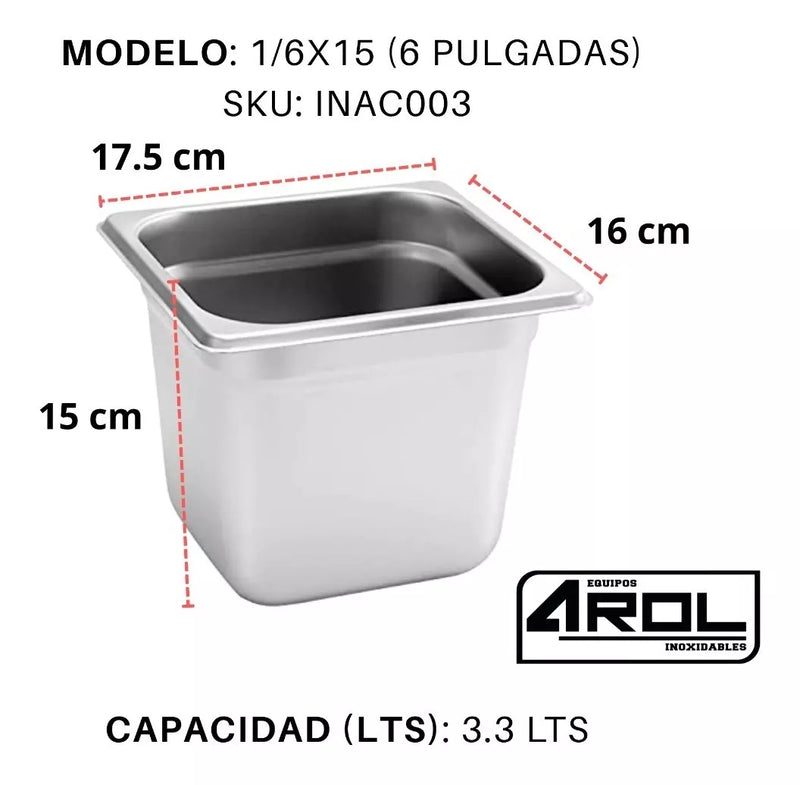 Inserto Contenedor De Acero Inoxidable 1/6x15cm Caja 6 Pzs