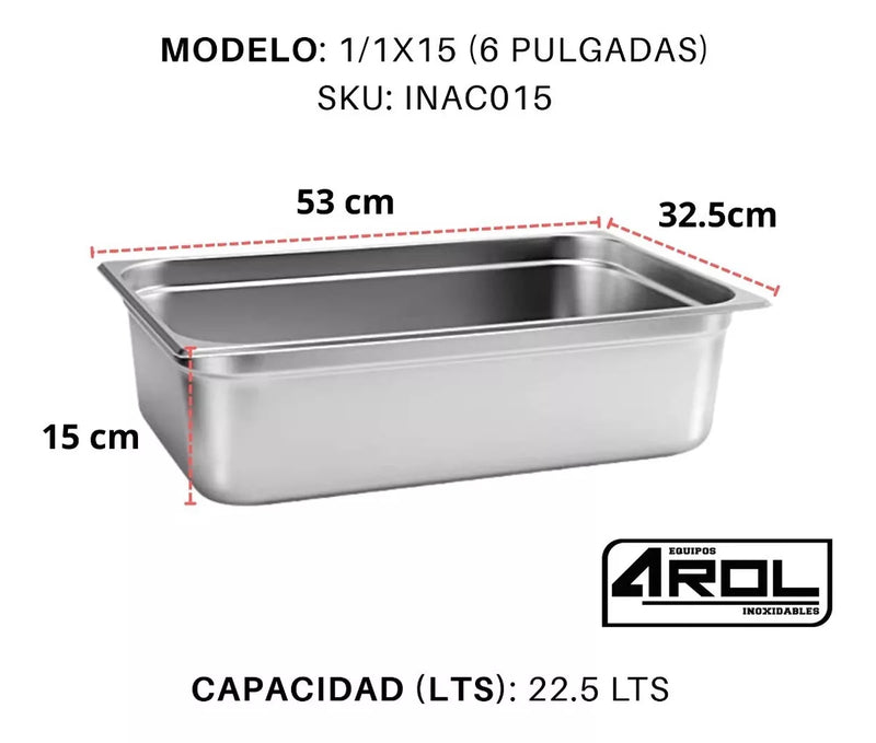 Inserto Contenedor De Acero Inoxidable 1/1x15cm Caja 6 Pzs