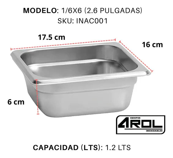 Inserto Acero Inoxidable 1/6x6 cm Con Tapa Ranurada 6 Juegos AROL