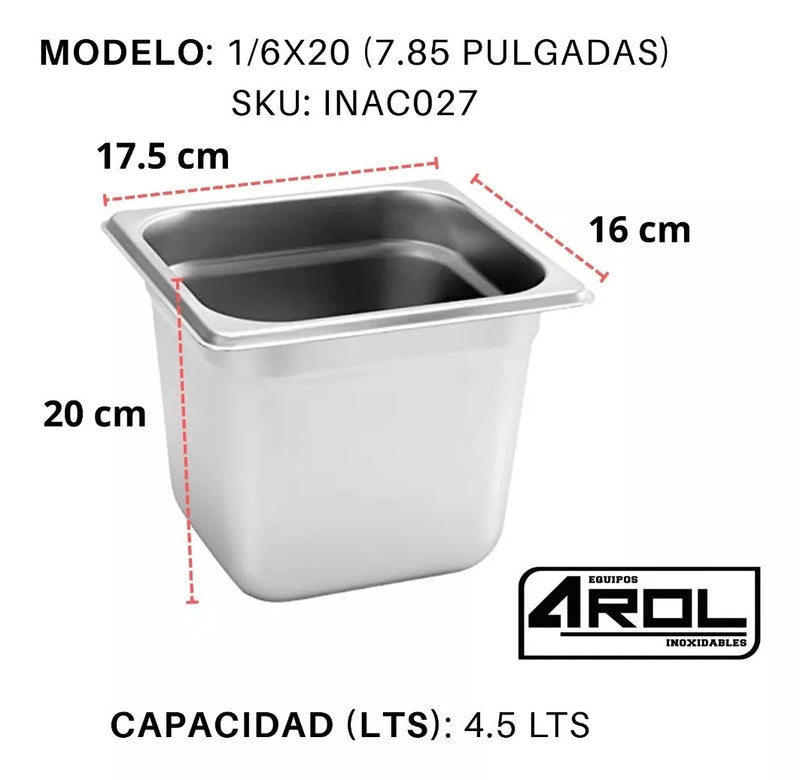 Inserto Contenedor De Acero Inoxidable 1/6x20cm Caja 6 Pzs