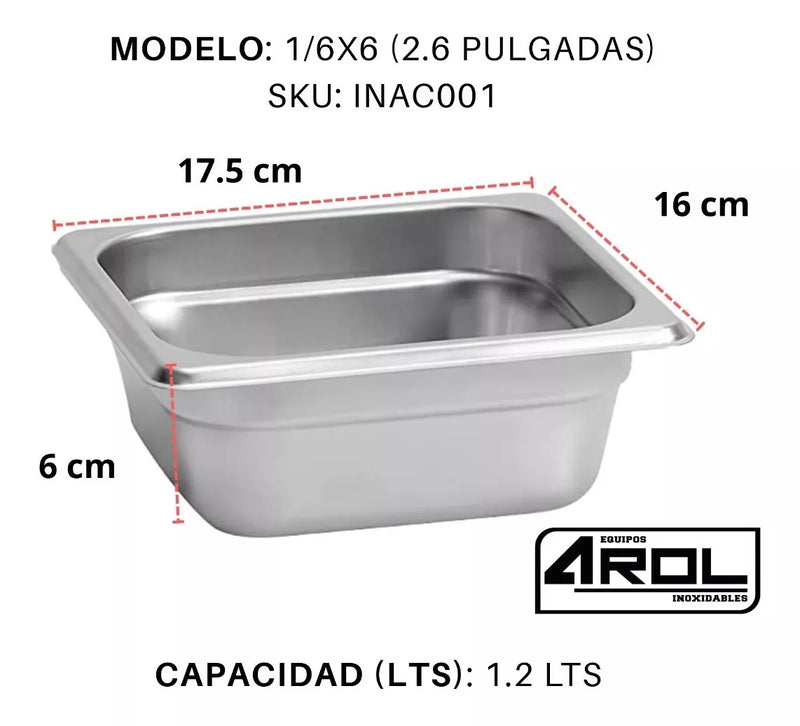 Inserto Contenedor De Acero Inoxidable 1/6x6cm Caja 6 Pzs