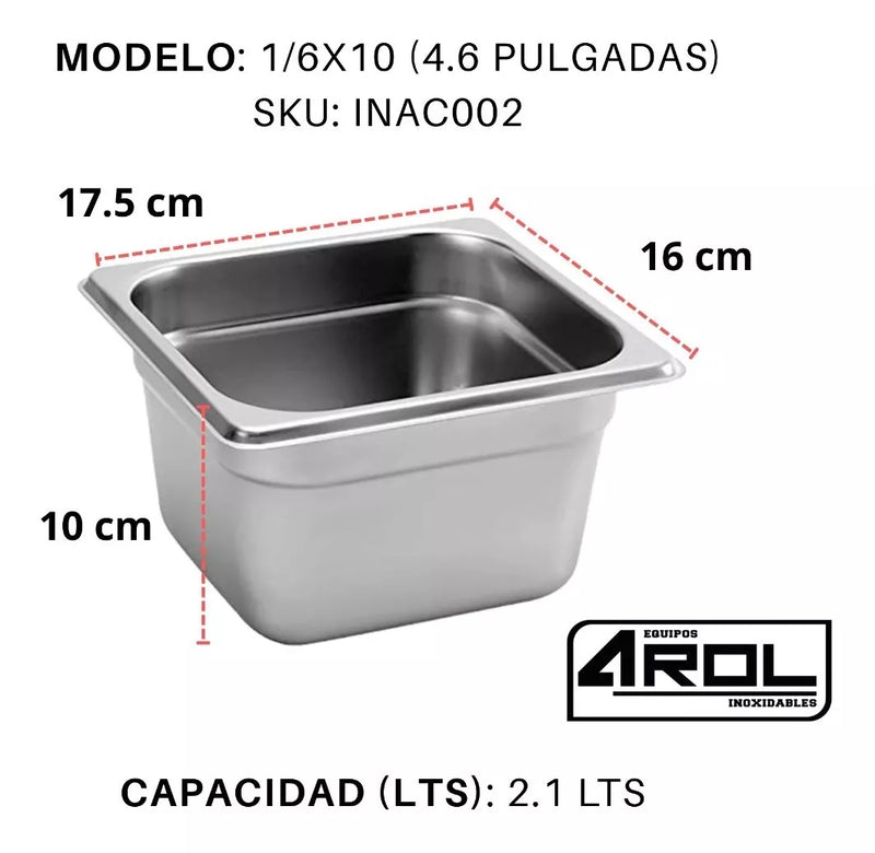 Inserto Contenedor De Acero Inoxidable 1/6x10cm Caja 6 Pzs