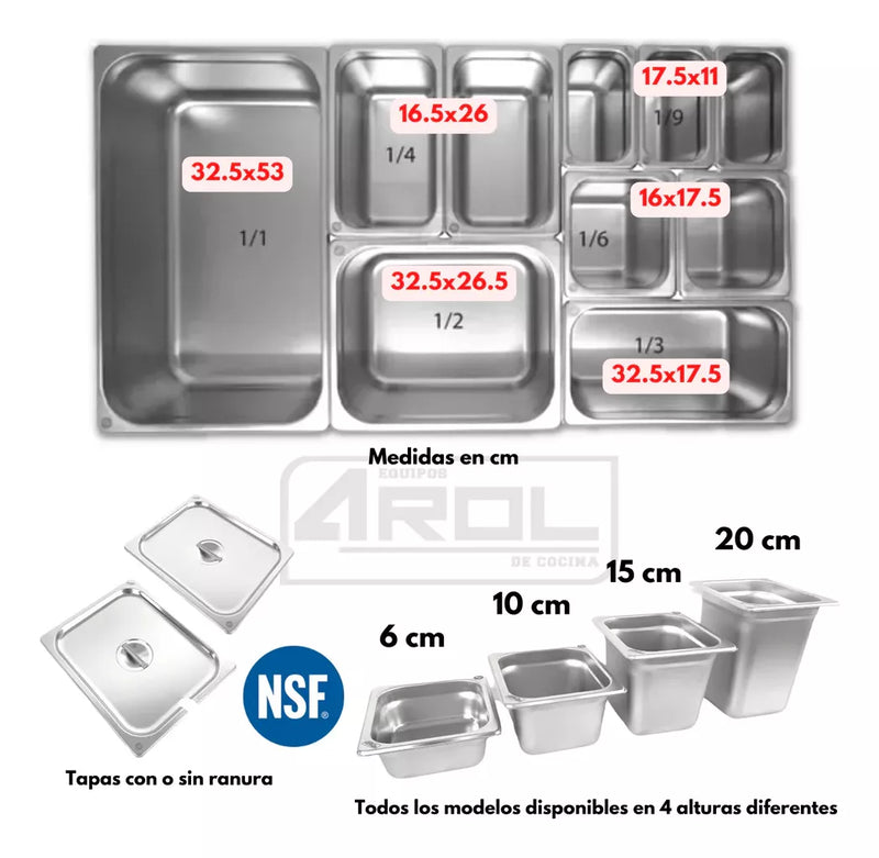 Insertos AROL 1/6x10 cm con Tapas, Acero Inoxidable, Certificación NSF, Set de 6 Pzs