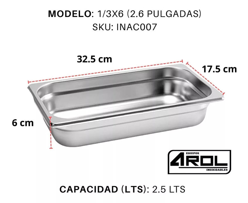 Inserto Contenedor De Acero Inoxidable 1/3x6cm Caja 6 Pzs