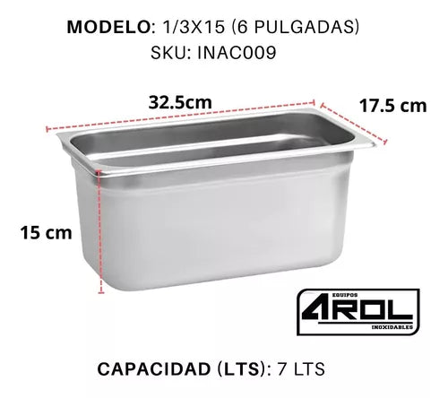 Inserto Contenedor Acero Inoxidable Con Tapa 1/3x15 cm AROL NSF