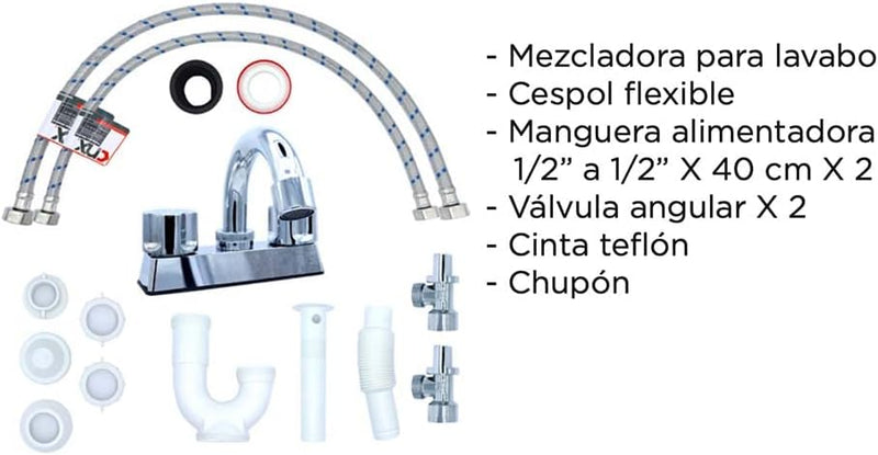 Mezcladora para Lavabo Cromada con Kit de instalación, Incluye Mangueras, Válvulas, Trampa