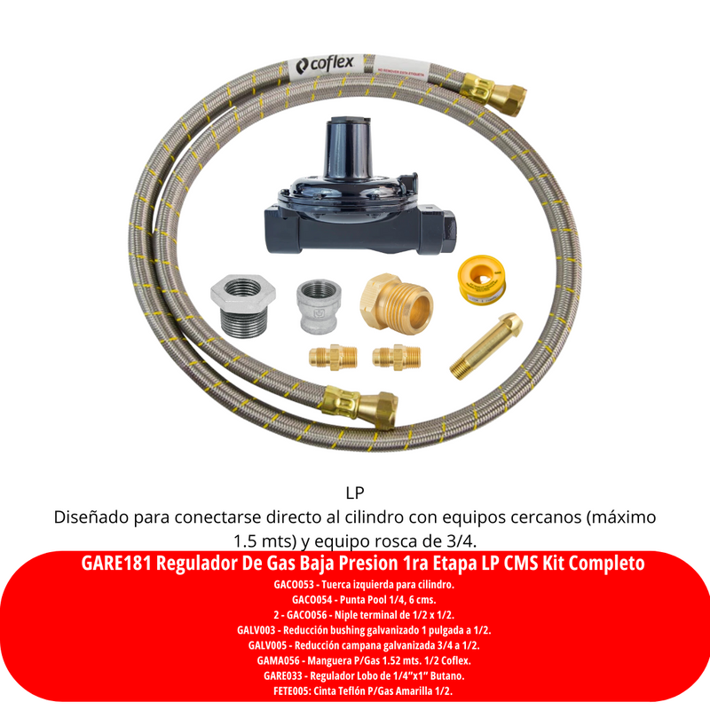 Regulador De Gas Baja Presion 1ra Etapa LP CMS Kit Completo