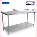 Mesa de Trabajo Industrial AROL con Entrepaño en Acero Inoxidable 210 x 70 x 90 cm