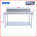 Mesa de Trabajo Industrial AROL con Respaldo y Entrepaño en Acero Inoxidable 180 x 70 x 90 cm