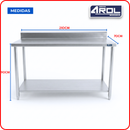 Mesa de Trabajo Industrial AROL con Respaldo y Entrepaño en Acero Inoxidable 210 x 70 x 90 cm