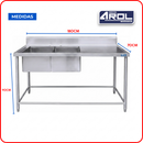 Fregadero Industrial AROL 2 Tarjas Izquierdas en Acero Inoxidable 180 x 70 x 90 cm