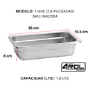 Inserto Contenedor Acero Inoxidable Con Tapa 1/4x6 Cm 26x16.5x6 Arol NSF, 1.8L
