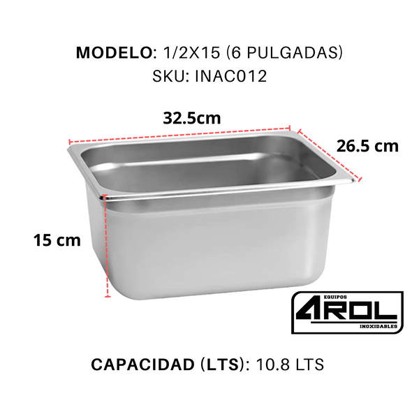 Inserto Contenedor Acero Inoxidable Con Tapa Medio 1/2x15 cm AROL NSF