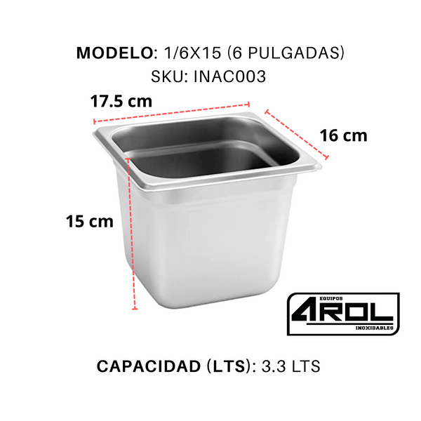 Inserto Contenedor Acero Inoxidable Con Tapa 1/6x15 cm AROL NSF