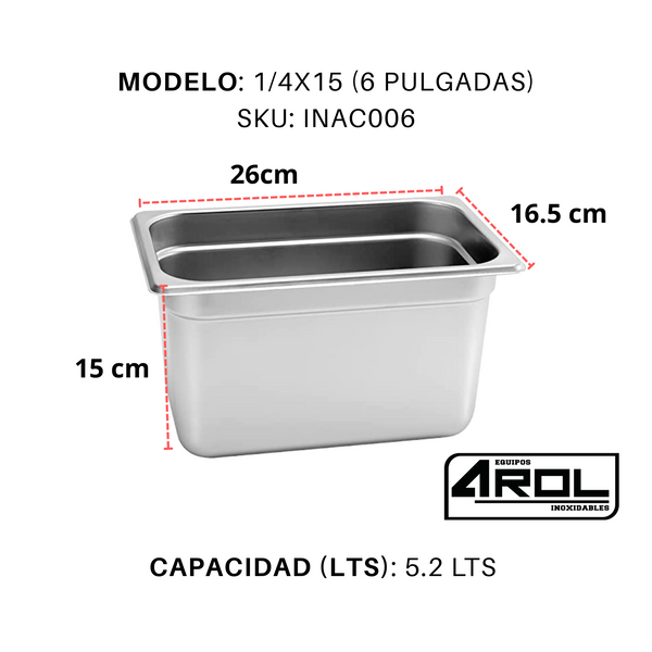 Kit Inserto Con Tapa Acero Inoxidable CUARTO 1/4x15 Cm 26x16x15 AROL NSF, 6L