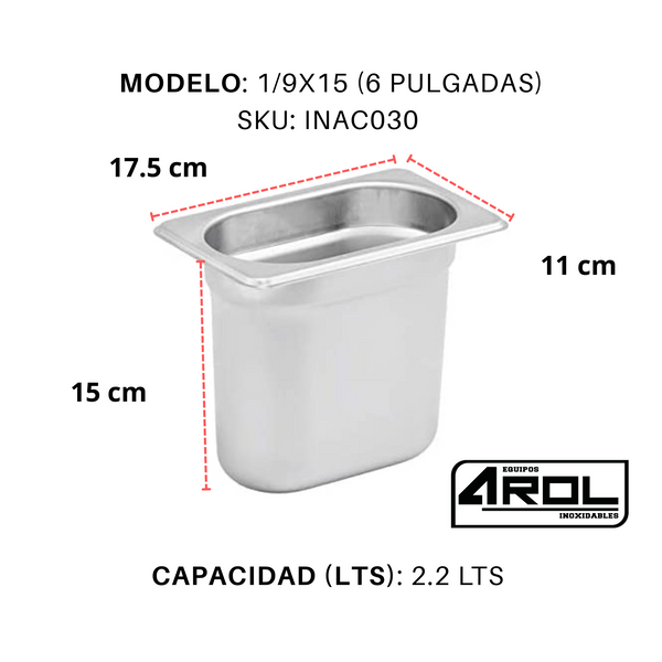Inserto Contenedor Acero Inoxidable Con Tapa 1/9x15 cm AROL NSF