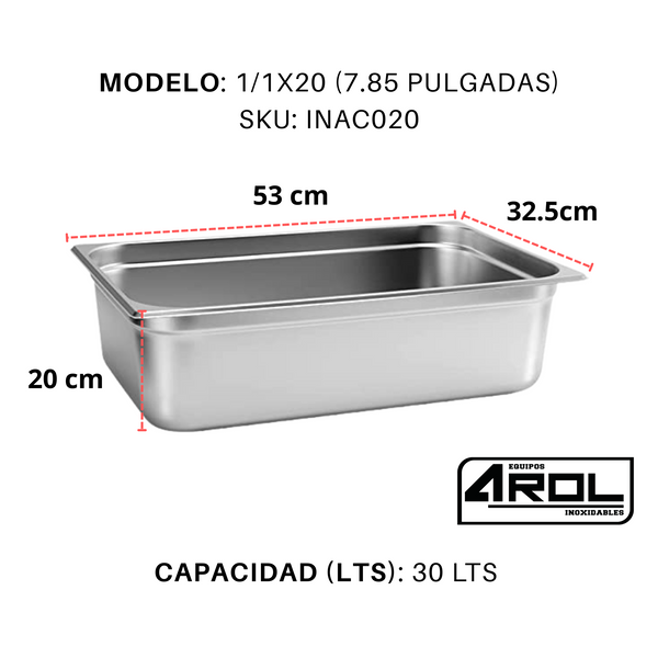 Inserto Contenedor Acero Inoxidable Con Tapa Entero 1/1x20 cm AROL NSF