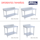 Mesa de Trabajo Industrial AROL con Respaldo y Entrepaño en Acero Inoxidable 100 x 70 x 90 cm