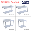 Mesa de Trabajo Industrial AROL con Respaldo y Entrepaño en Acero Inoxidable 210 x 70 x 90 cm