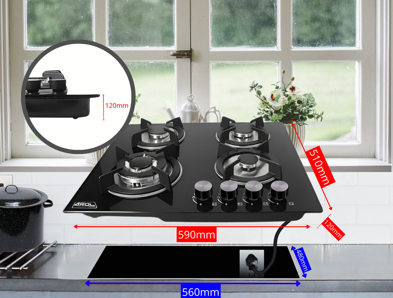 Parrilla de Gas de 4 Quemadores, Vidrio Templado, Empotrable, 59cm, AROL P-CN4Q59A
