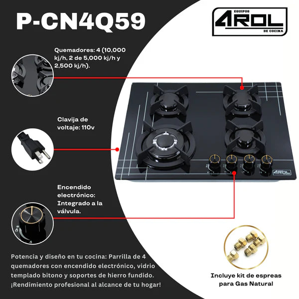 Combo Parrilla Gas + Inducción Y Campana Pared Negra 90 cm AROL | Vidrio Templado | 4 Quemadores + 2 Zonas
