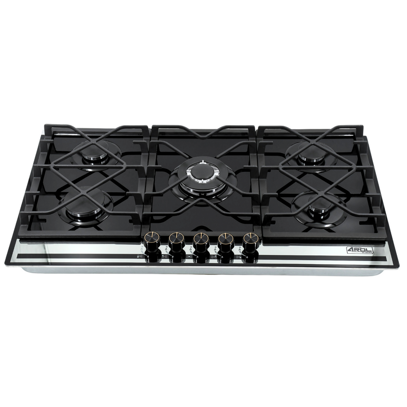 Combo Parrilla Empotrable 5 Quemadores Bitono Vidrio Negro y Campana Extractora 90 cm Vidrio Curvo Negro Mate AROL Modelos P-CN5Q87 y C-BL2F90