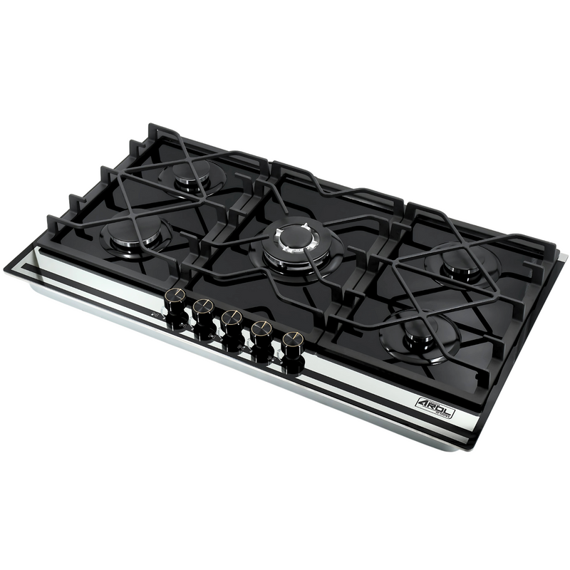 Combo Parrilla Empotrable 5 Quemadores Bitono Vidrio Negro y Campana Extractora 90 cm Vidrio Curvo Negro Mate AROL Modelos P-CN5Q87 y C-BL2F90