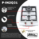 Parrilla de Gas de 2 Quemadores, Acero Inoxidable, Empotrable, 31cm, AROL P-IN2Q31