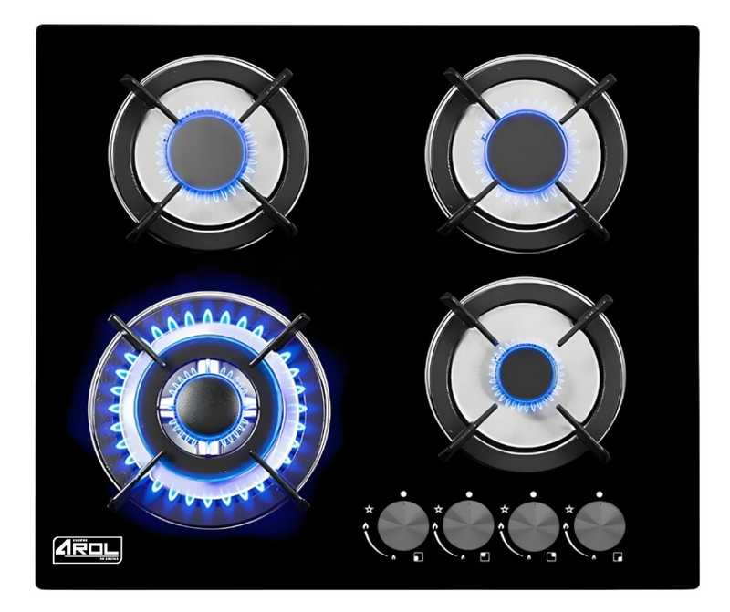 Parrilla de Gas de 4 Quemadores, Vidrio Templado, Empotrable, 59cm, AROL P-CN4Q59A