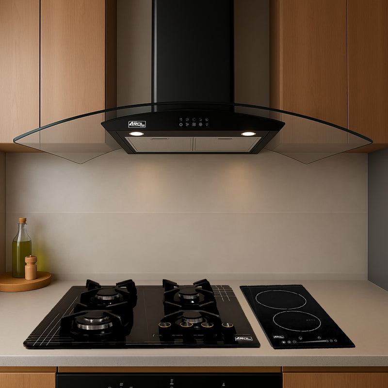 Combo Parrilla Gas + Inducción Y Campana Pared Negra 90 cm AROL | Vidrio Templado | 4 Quemadores + 2 Zonas