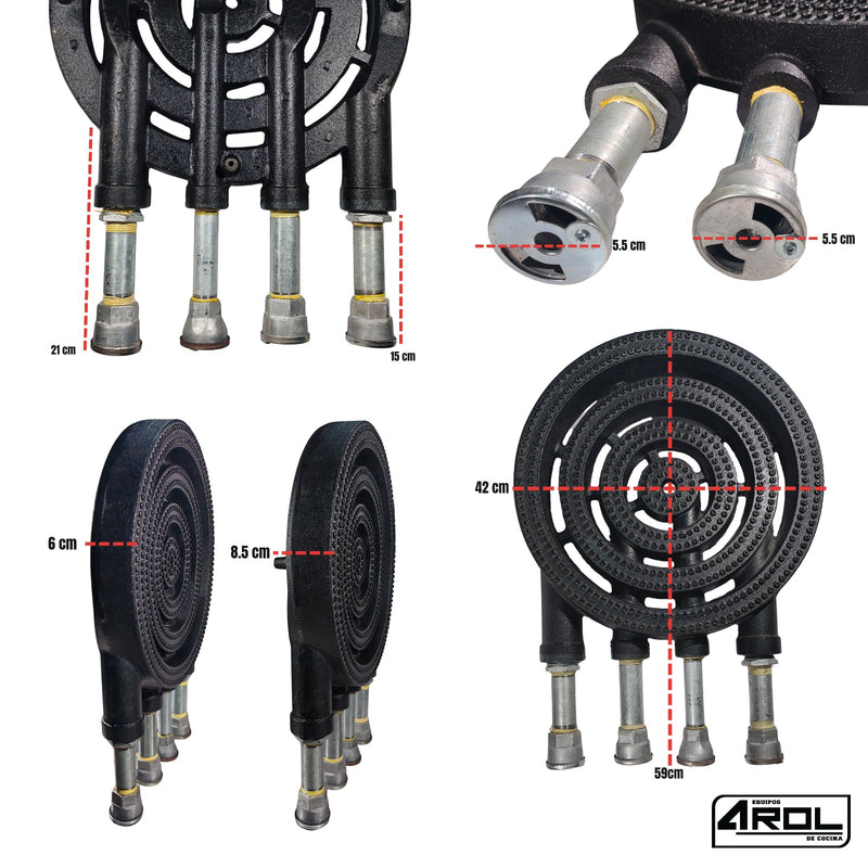 Quemador Cuádruple Vulcan AROL 42 Cm Completo Armado Para Estufón Industrial