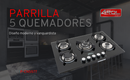 Combo Parrilla 5 Quemadores 80 cm y Campana Slim AROL Acero Inoxidable/Negro, Modelos P-CN5Q77 y CSL-80AI